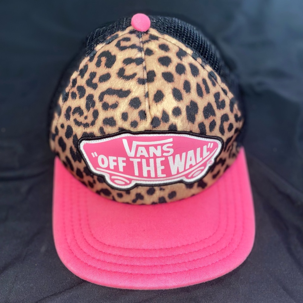 Vans Leopard Print Trucker Hat with Pink Brim and Patch